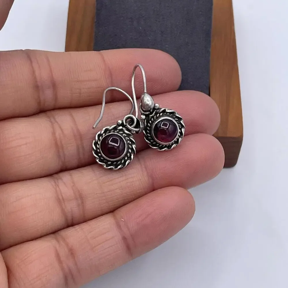 Vintage Sterling Silver Rhodolite Garnet Cabochon Drop Earrings 925 Artisan